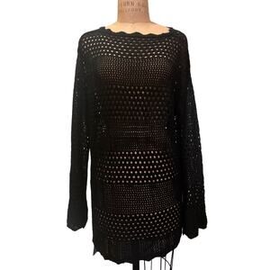 Women’s Black Crochet Knit Long Sleeve Swimsuit Cover Up Dress Tunic NWT Size M